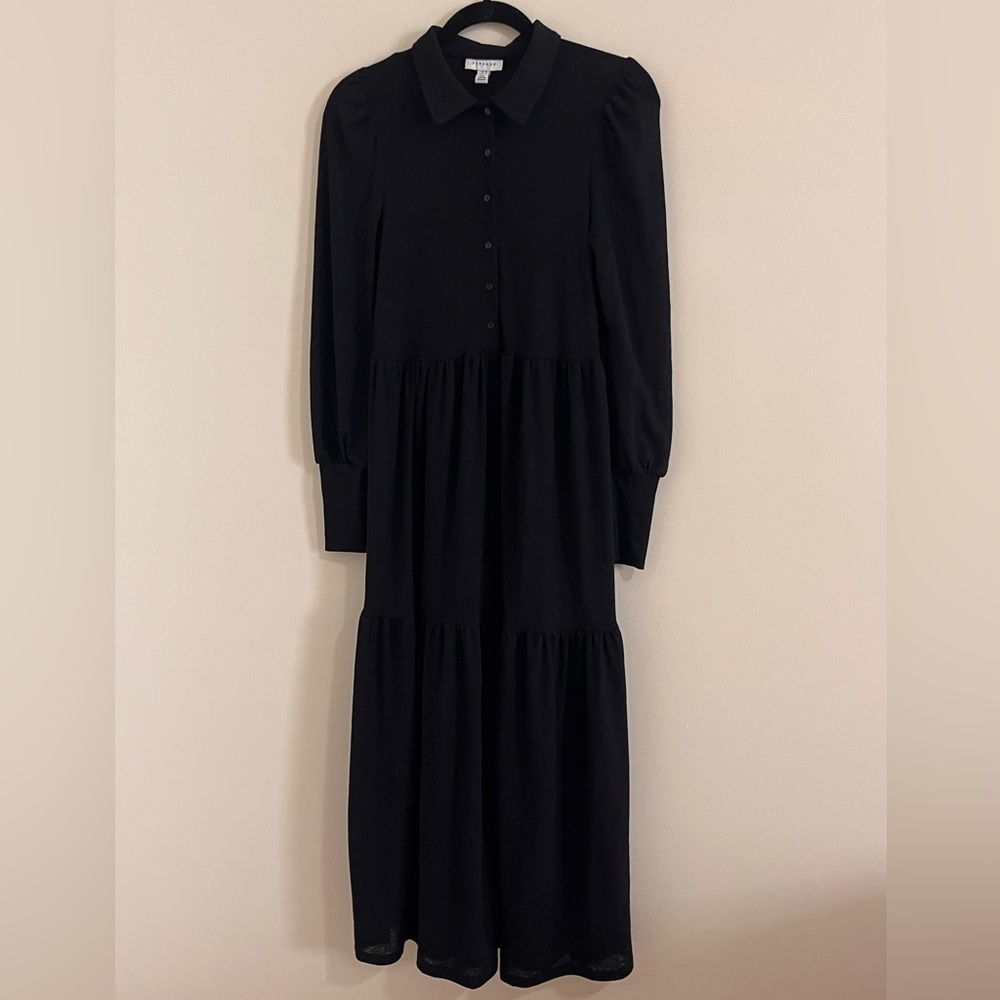 Topshop Black Long Dress with Puff Sleeve